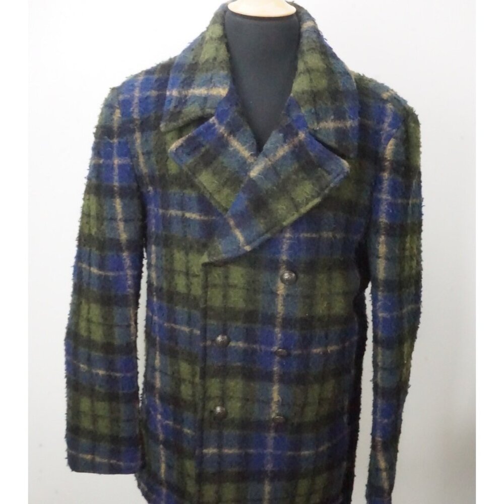 John Varvatos Blue Green Tweedy Fuzzy Double Breasted Wool Jacket 36 Brand New 